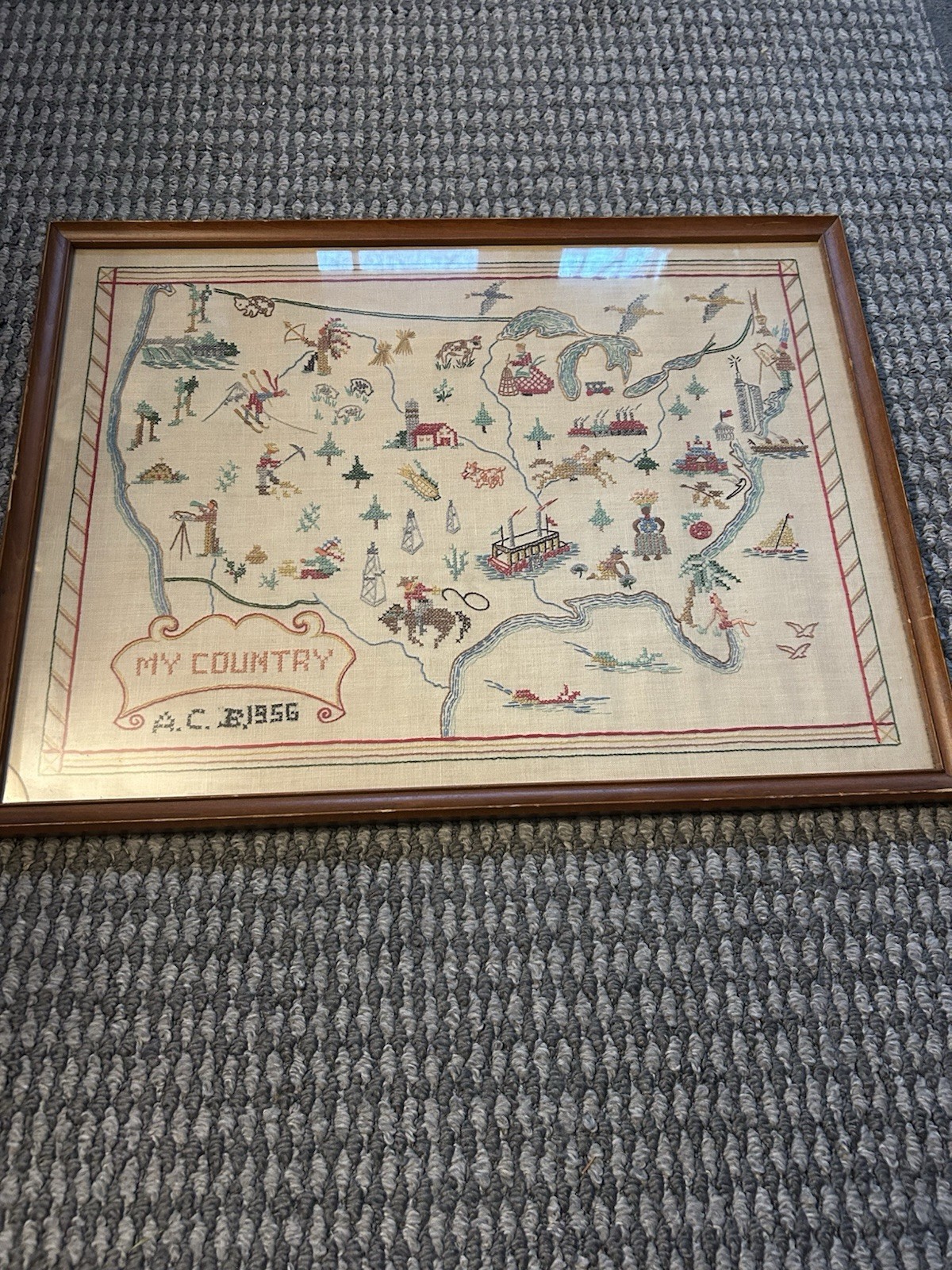 VINTAGE "MY COUNTRY 1956" USA MAP 50'S FRAMED CROSS STITCH NEEDLEPOINT 24" X 18”