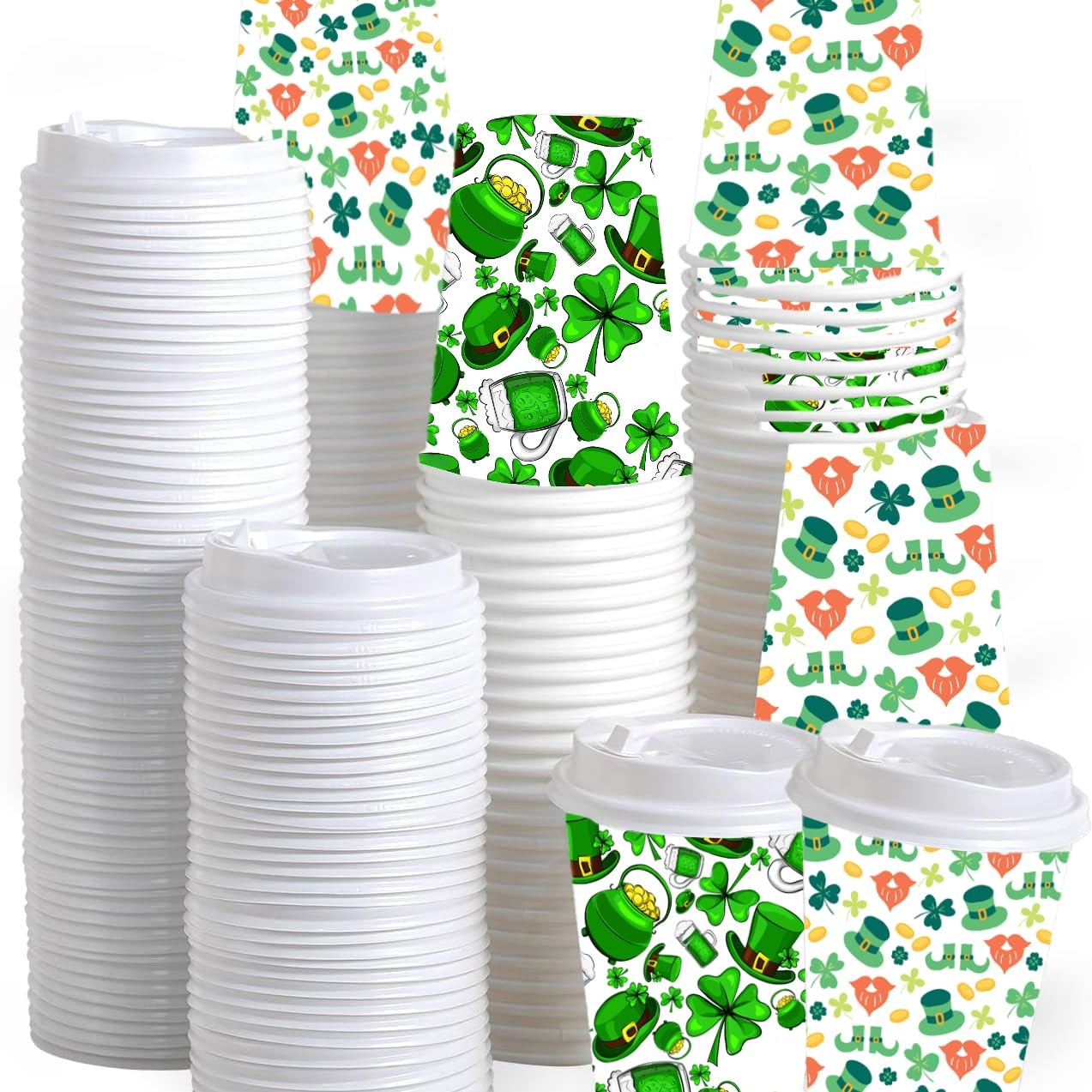 50 Pack St. Patrick's Day Disposable Coffee Cups with Lids 12 Ounces, Green 