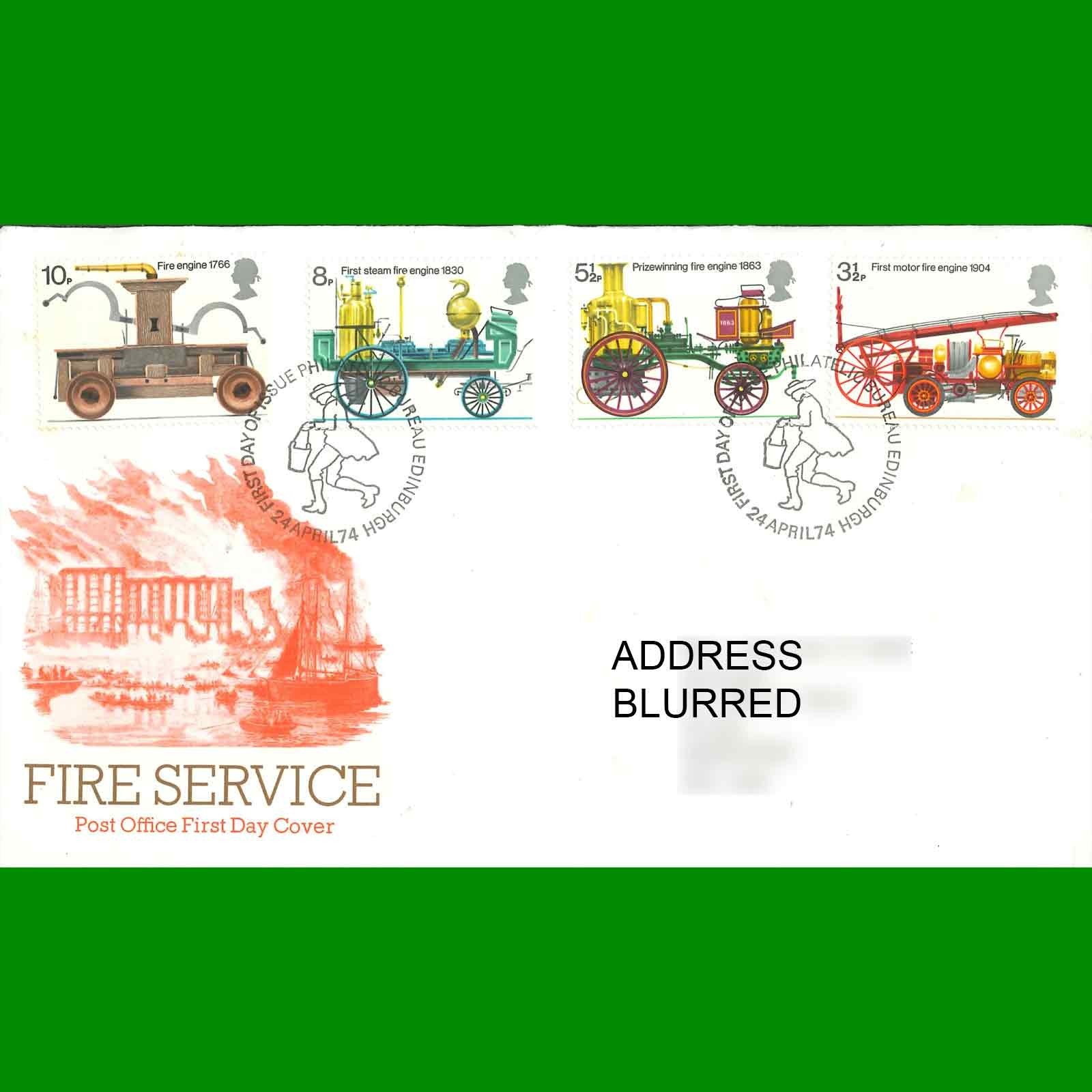 UK FDC Fire Service Commemorative Post Office First Day Cover Stamps, 24.4.1974