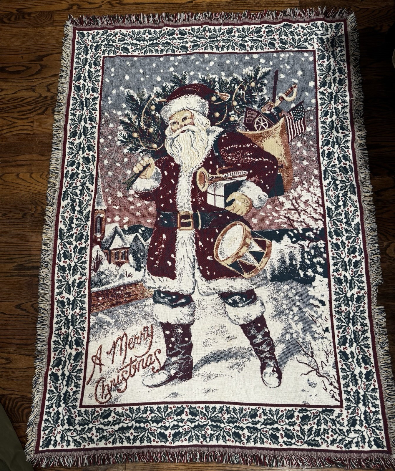 Vtg 66" Coming Home Santa Clause Saint Nick Merry Christmas Tapestry Throw BH