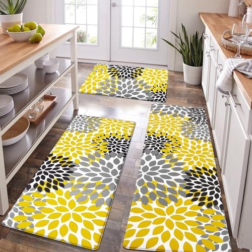  Kitchen Mats for Floor [3 PCS] Anti-Fatigue Comfort Kitchen Rugs, Boho Flower 