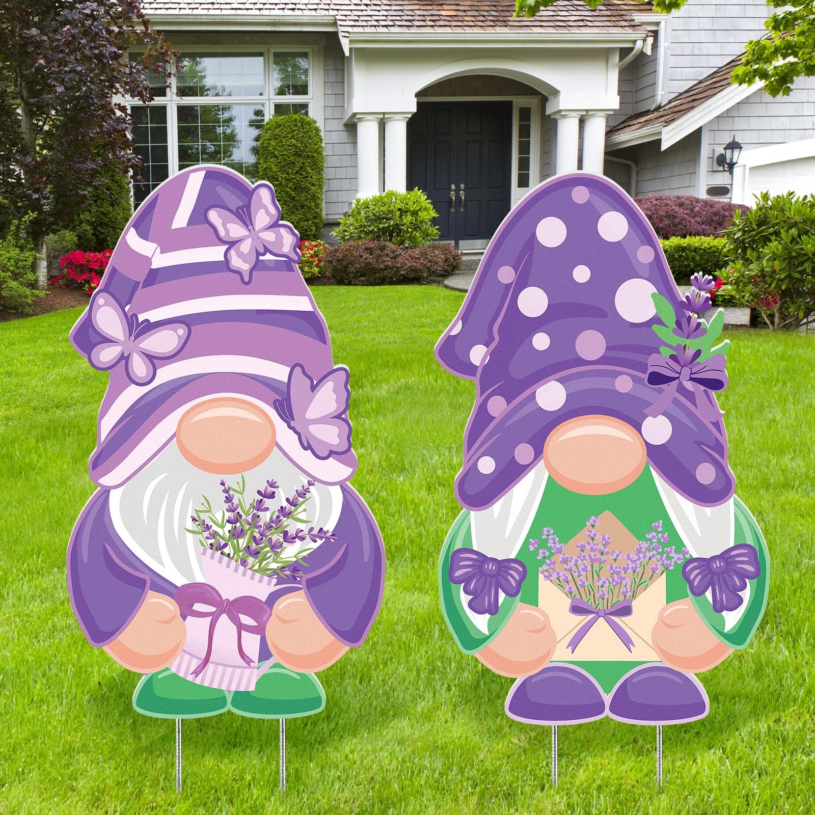 2 Pcs Easter/Spring Outdoor Decorations 16 Inch Yard Stakes Sign Metal Gnome/...
