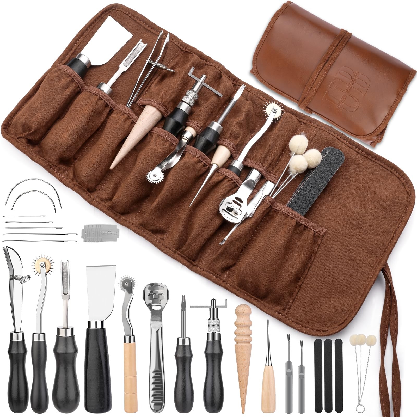 Leather Working Tools, Leather Craft Tools Kit with Awl Stitching Punch Hole ...