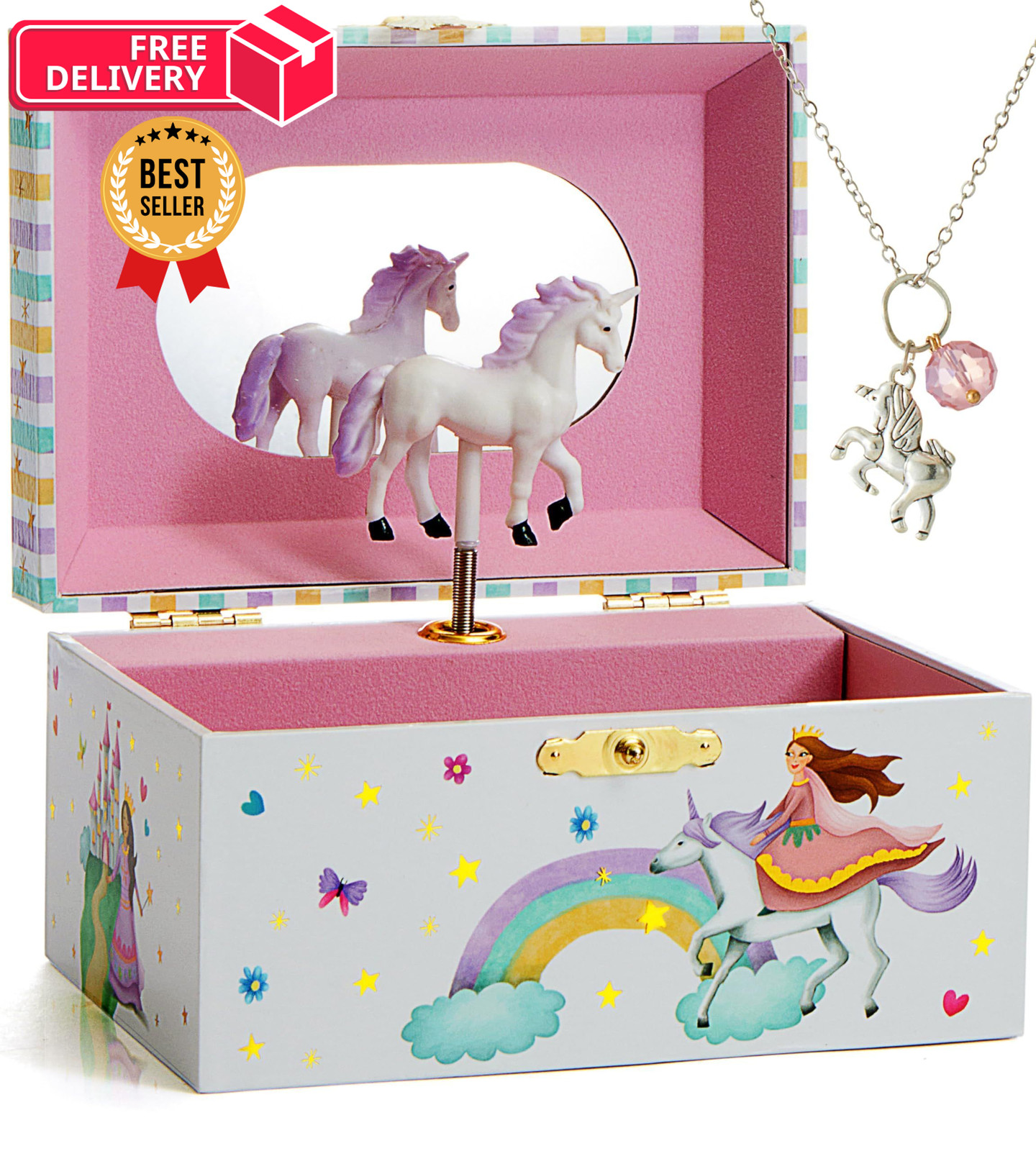 ABI + OLIE Musical Princess Unicorn Jewelry Box for Girls, Little Girls White 