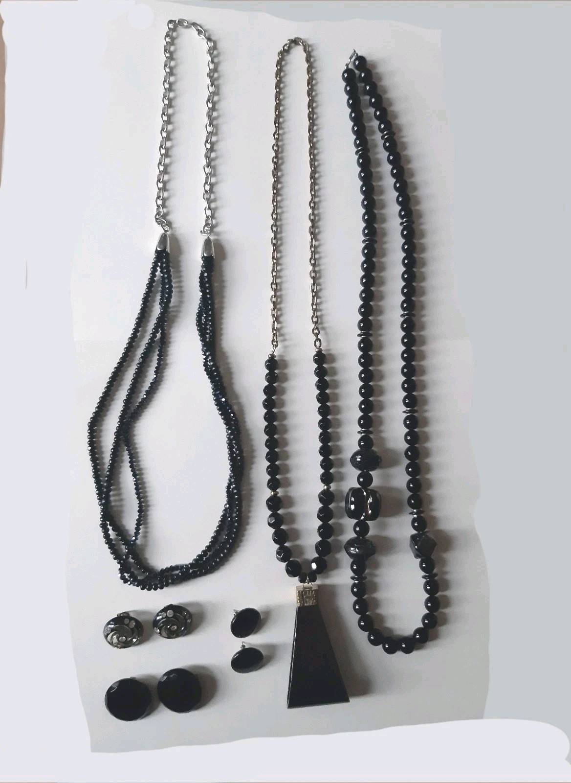 Lot of 6 - 1 Vintage Faceted  - 2 Black Bead Necklaces & 3 Pairs Of Earrings 