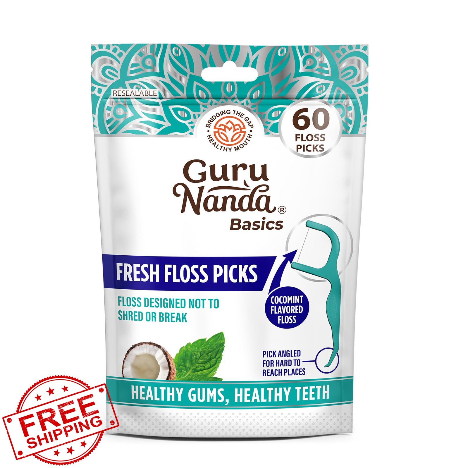 GuruNanda Floss Picks 60 Pack Dental Thread Angled Travel Friendly