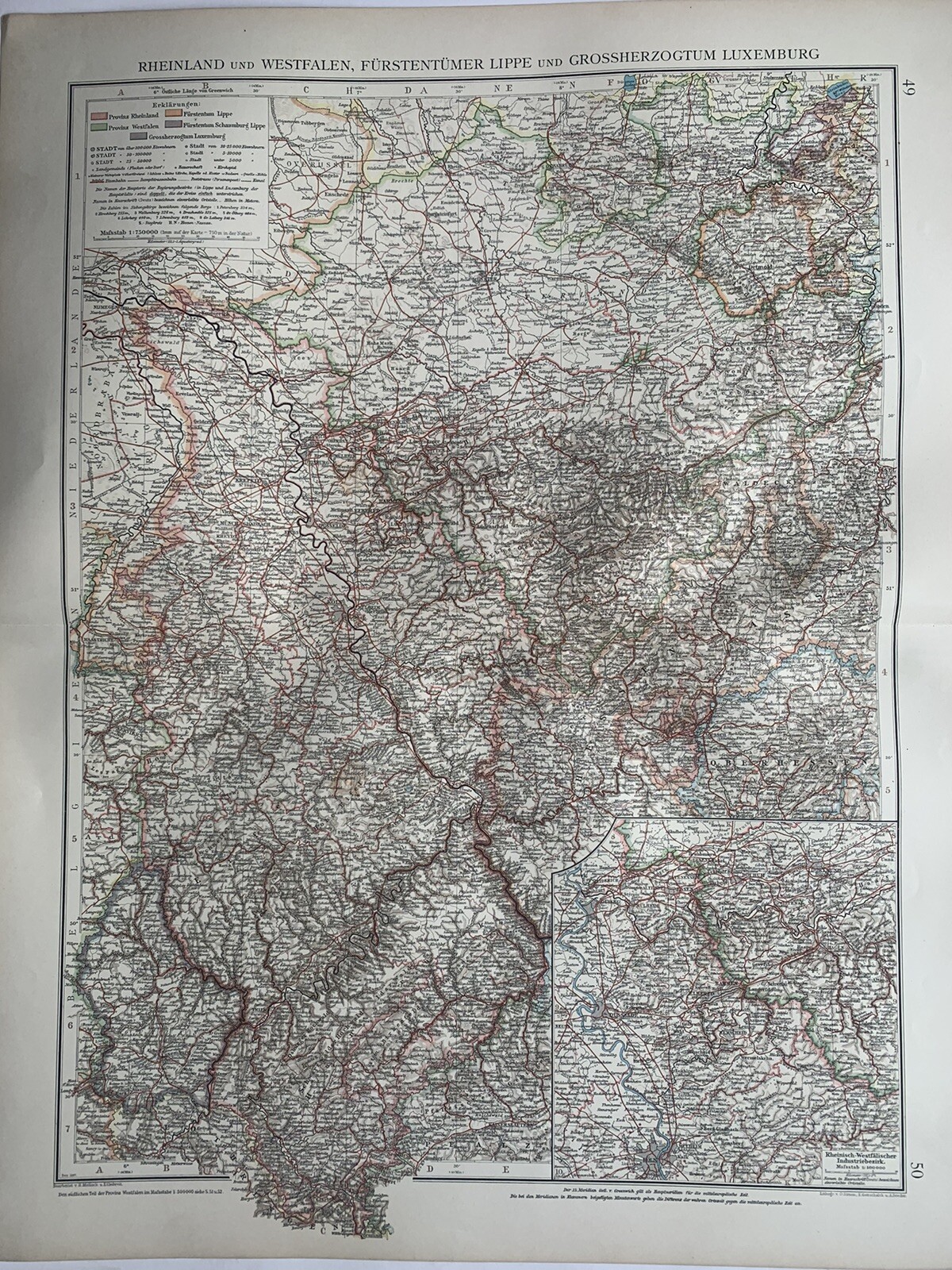 1899 Rheinland Westphalia Luxembourg Original Antique Map by Richard Andree