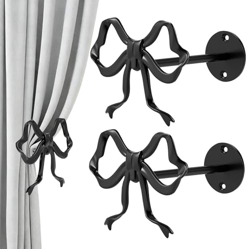 2 Pack Bow Curtain Holdbacks, Modern Matte Metal Curtain Holders for Black