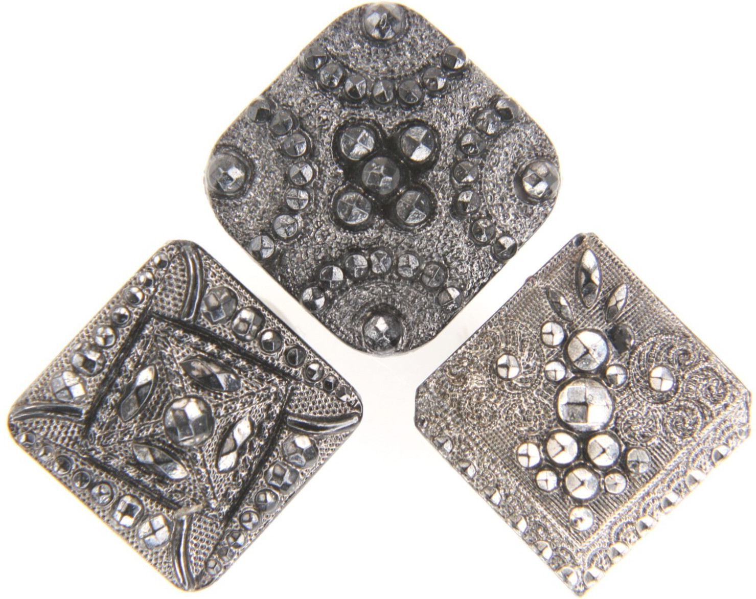 C1880s Antique Victorian Floral Silver Luster Square Floral Geometric Button LOT