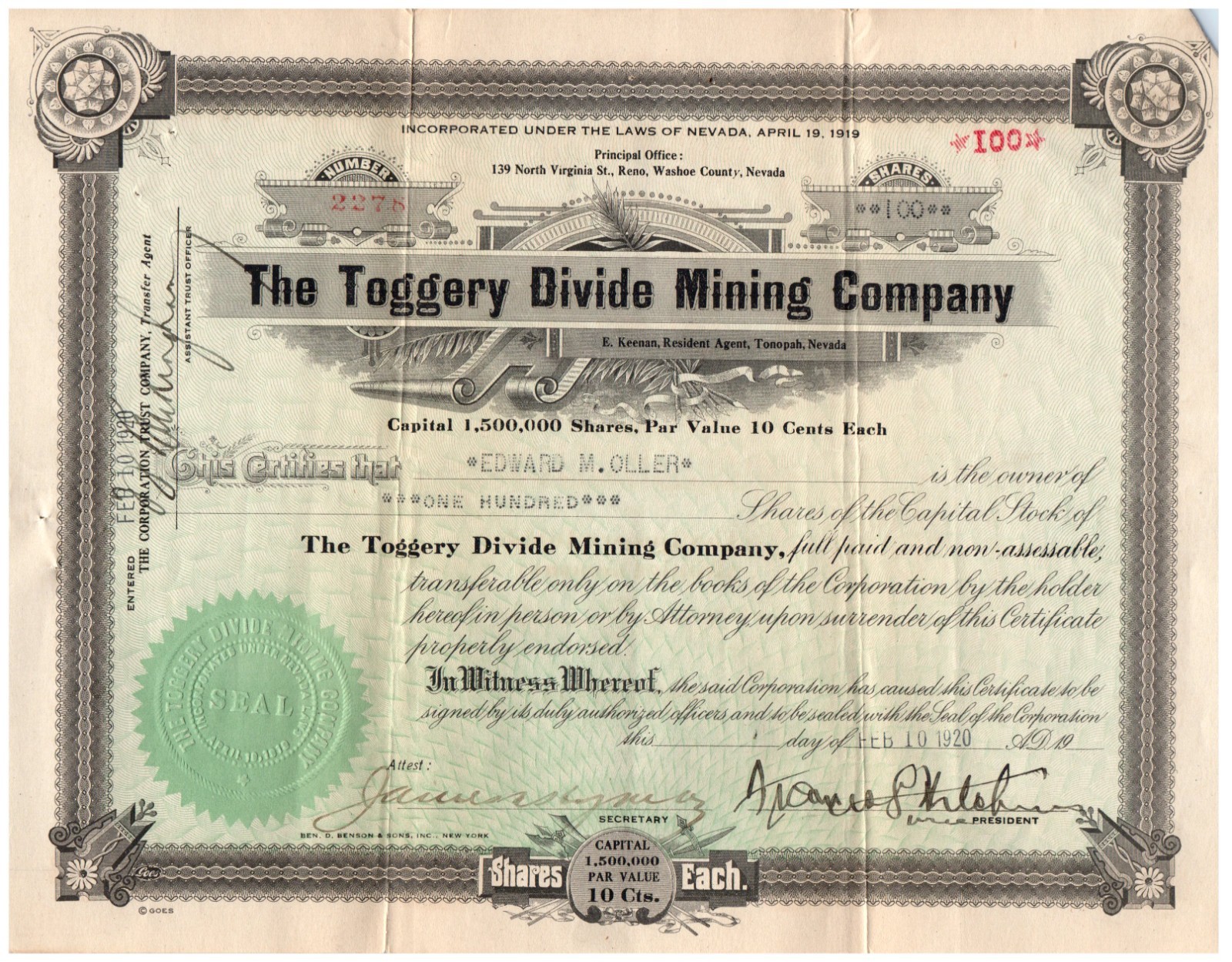 ANTIQUE 1919 TOGGERY DIVIDE MINING COMPANY TONOPAH NEVADA NV STOCK CERTIFICATE