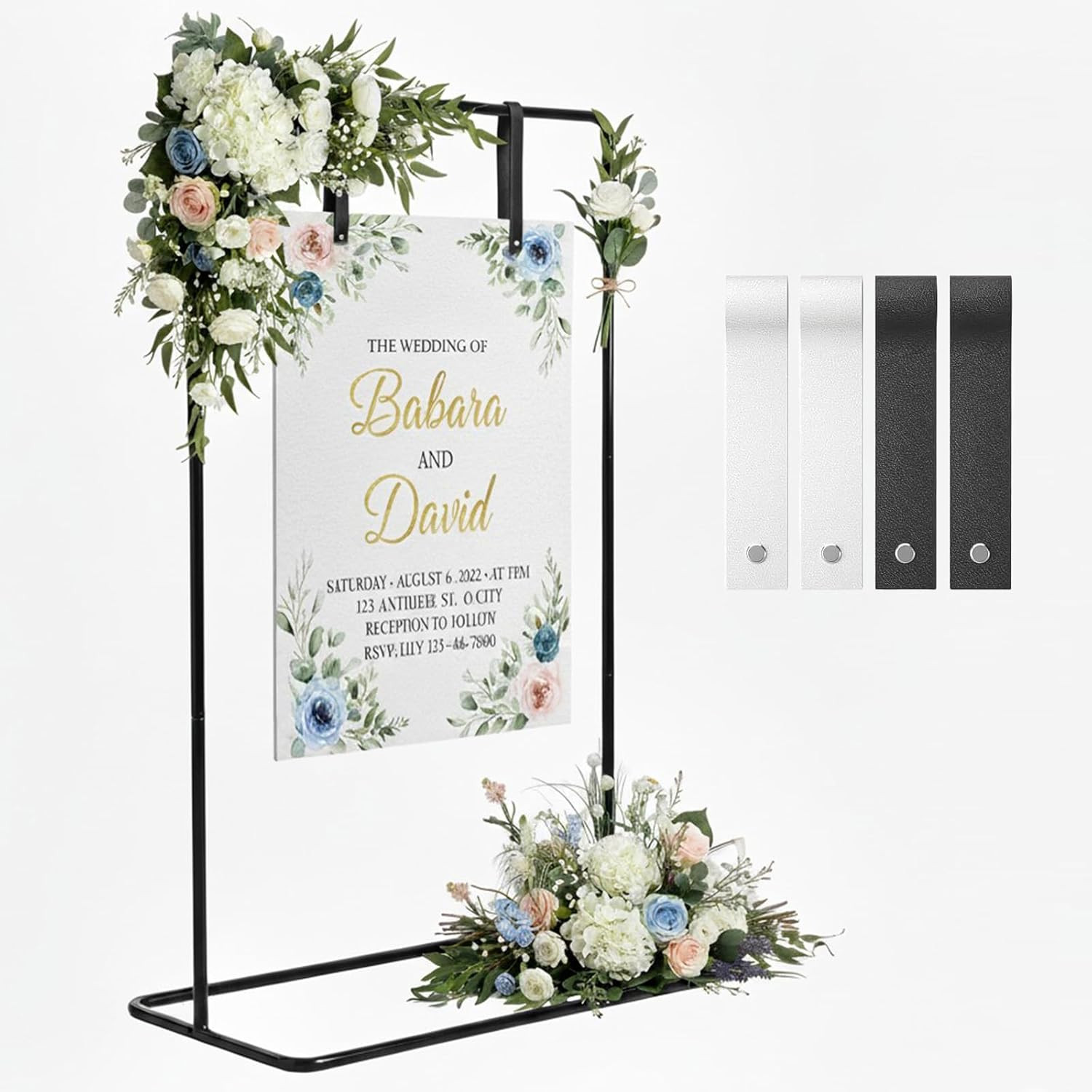 Elegant Wedding Welcome Sign Stand with Leather Straps and Linen Decor