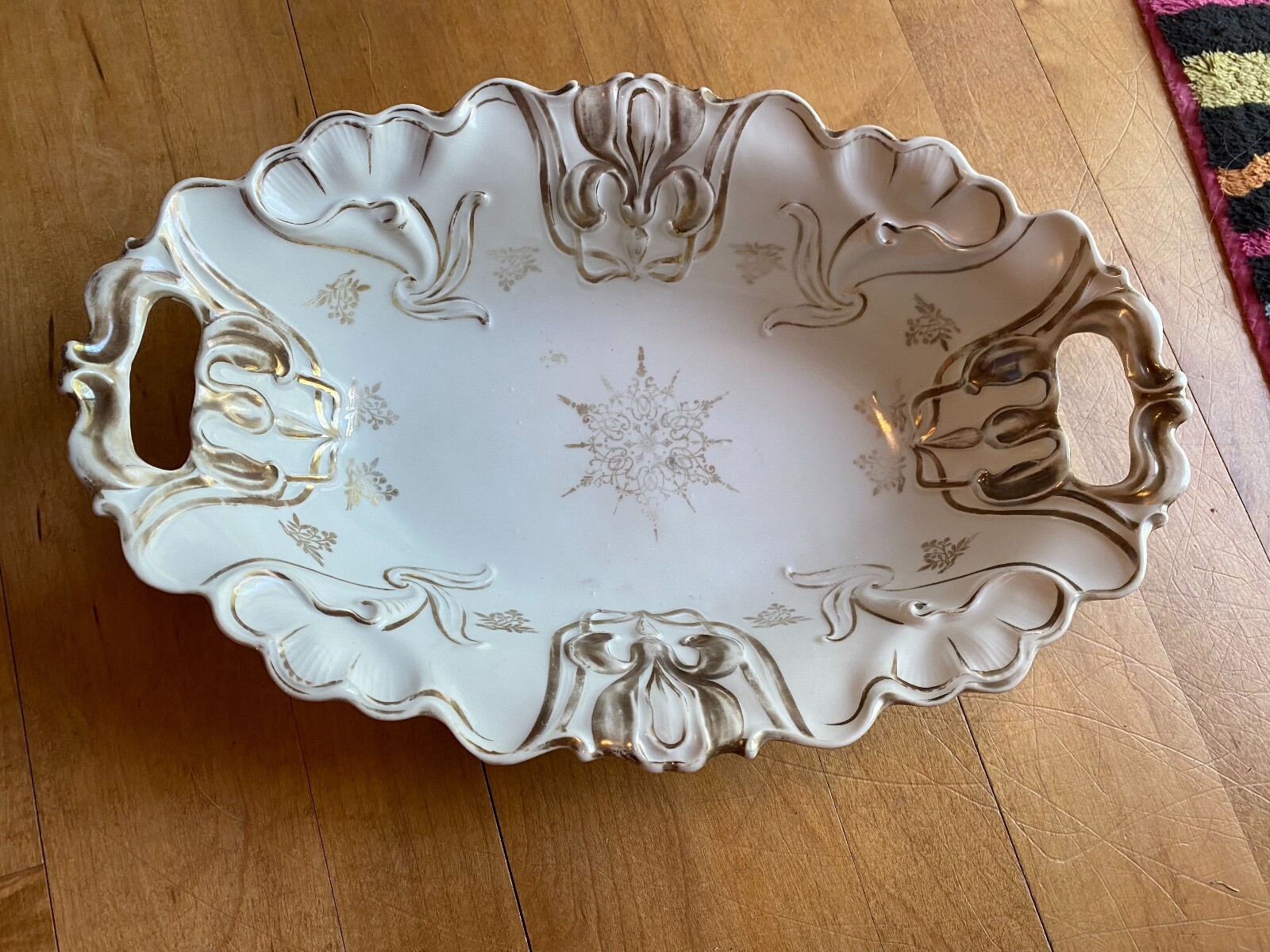 Hand Painted Nut Candy Dish Bowl Gold Ombre Trim Iris Flower Vintage 8"x 12"