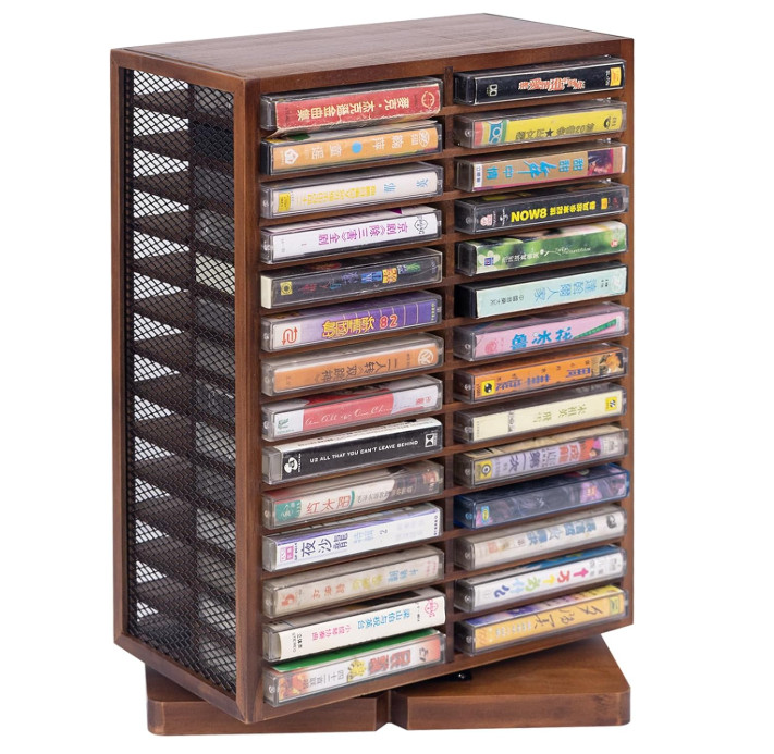 Wood Cassette Tape Storage Rack 56 Capacity 360° Rotating Holder