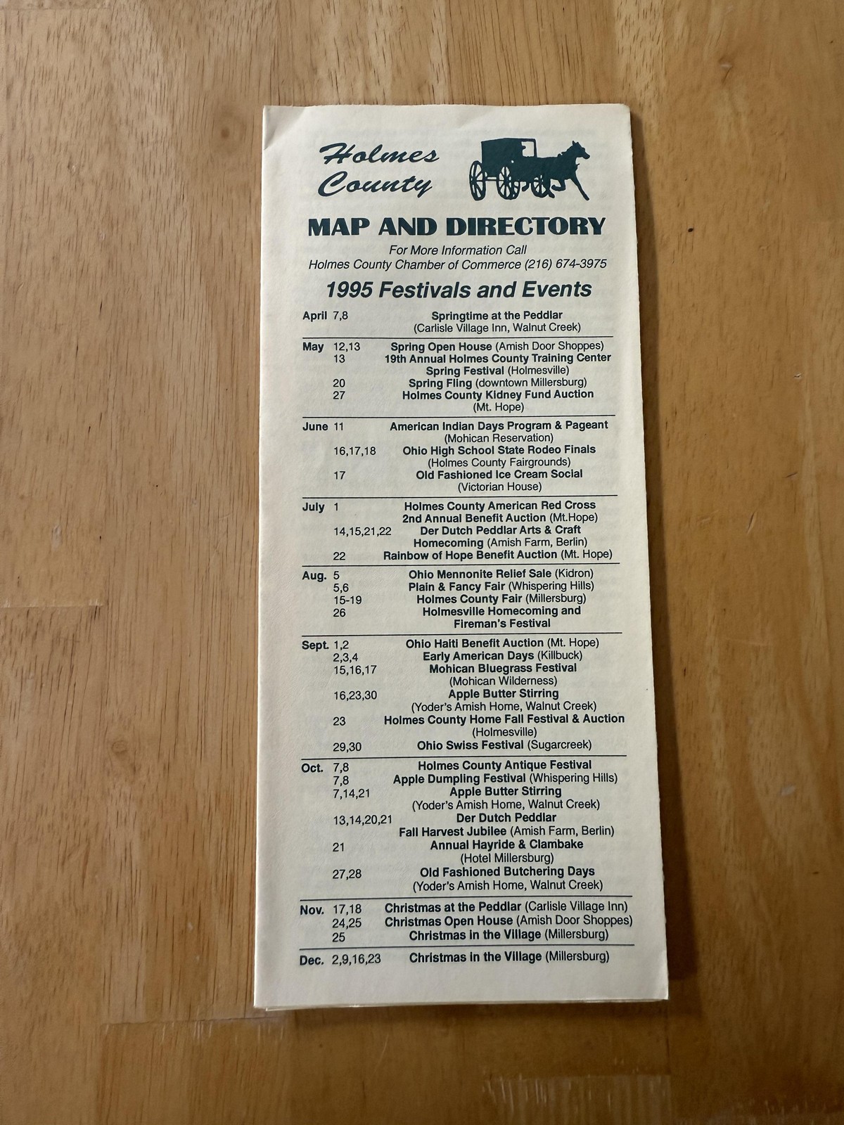 Vintage 1995 Holmes County Ohio Map Directory Tourist Guide Folded Brochure