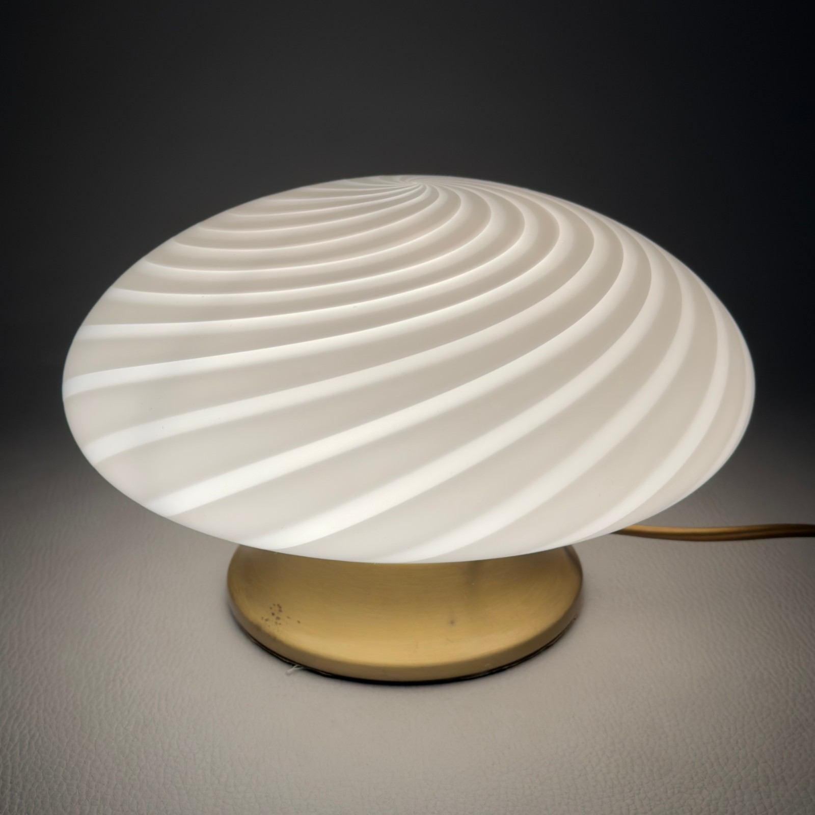 Murano Glass Table Lamp White Swirl Mushroom Brass Vintage 1970s