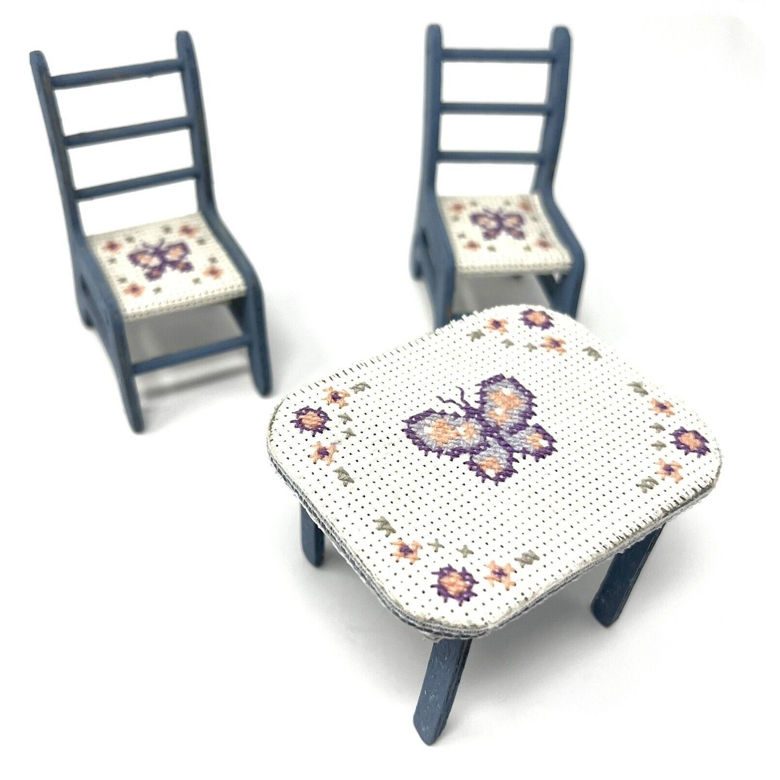 Miniature Dollhouse Table Chairs Needlepoint Petit Point Furniture Set VINTAGE