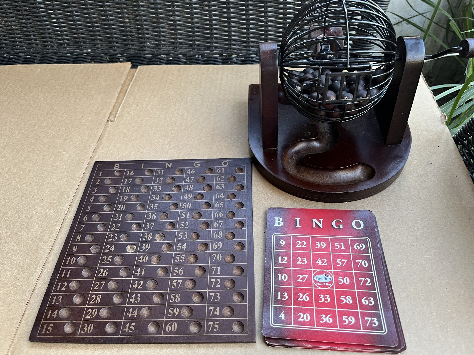 Pavilion Games Wooden Bingo Metal Ball Hopper Cards Chips Mahogany Finish Game