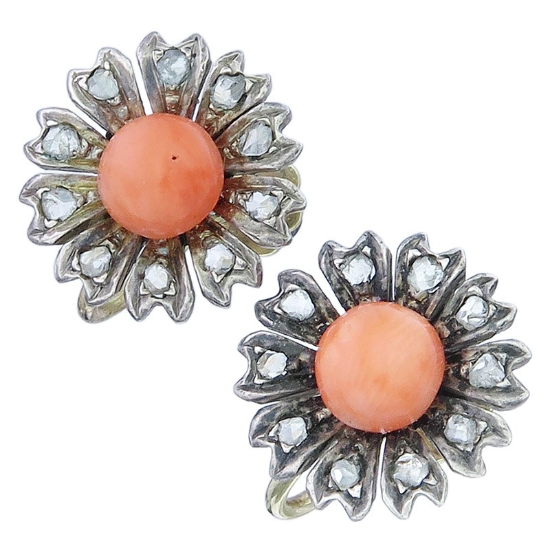 Stud Earrings 585 Coral Diamond Roses Antique