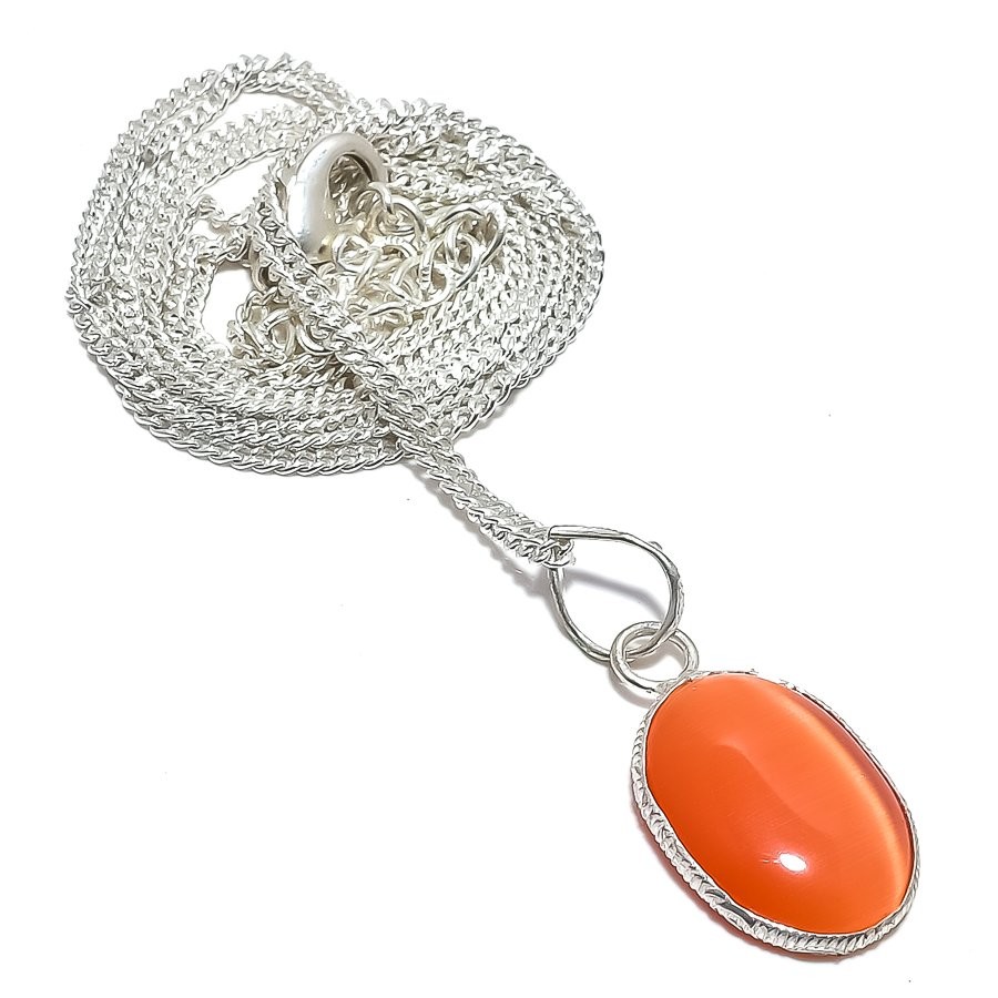 Natural Orange Cat'S Eye Gemstone 925 Sterling Silver Necklace q437