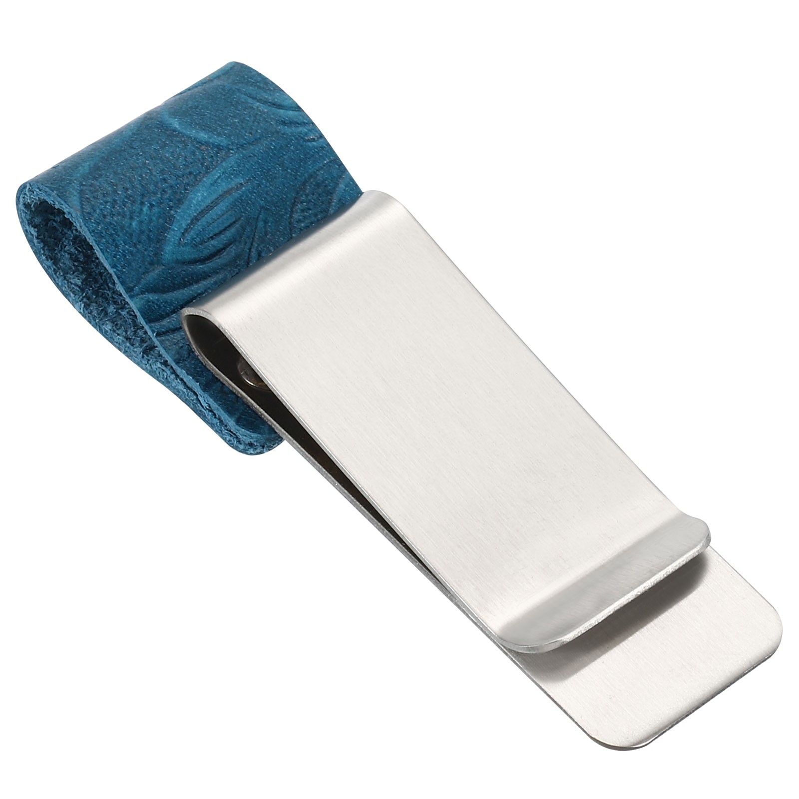 Stainless Steel Pencil Circle Pen Holder Clip with Leather Blue Sleeve