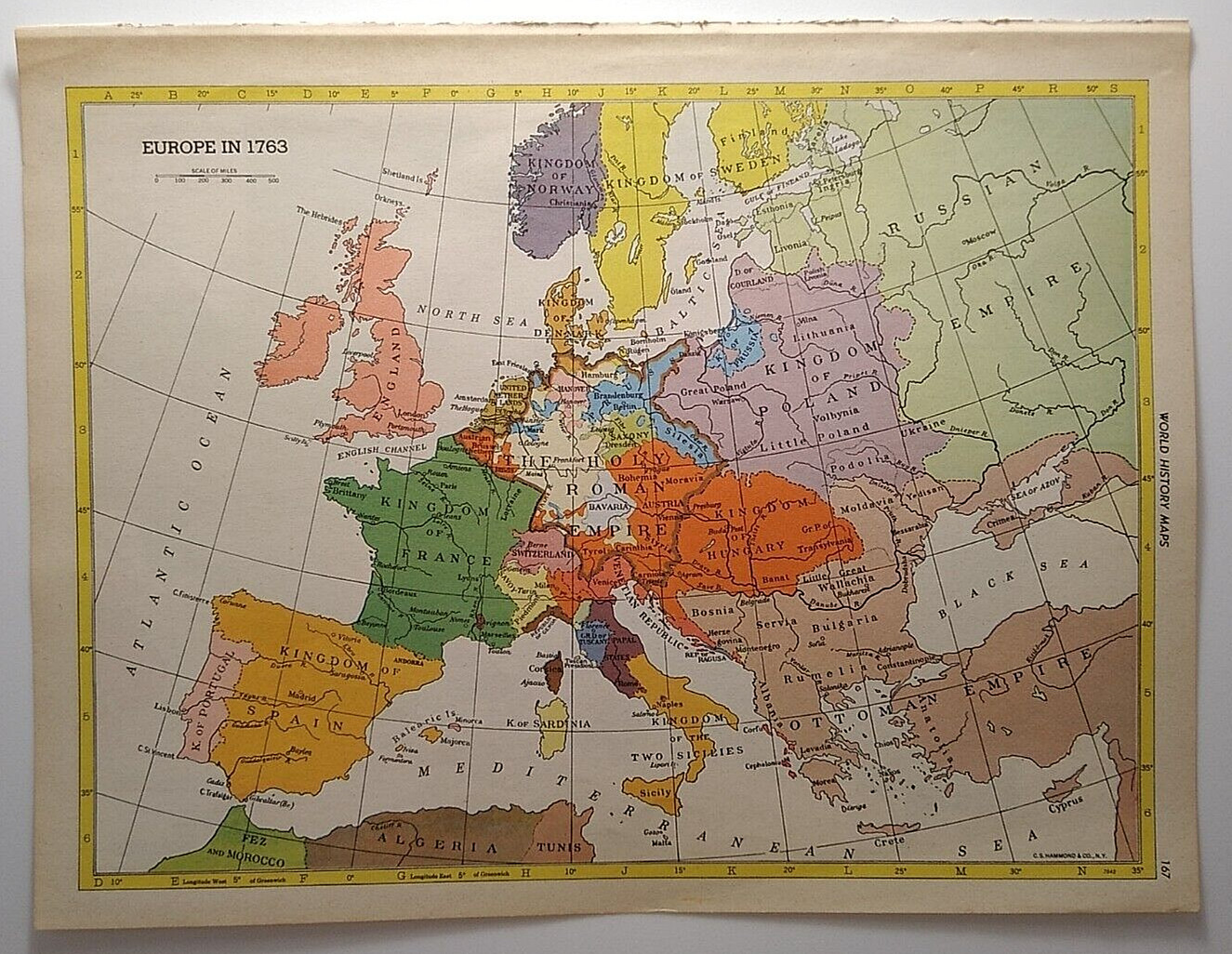 1955 Antique EUROPE 1763 Atlas Map - Vintage Hammond's New Supreme World Atlas