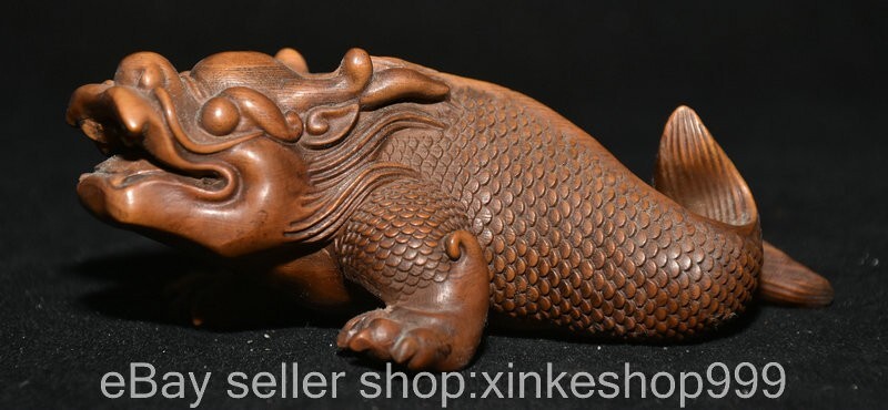 4.4" Old Chinese Carving Boxwood Wood Carving Fengshui Dragon Fish Statue
