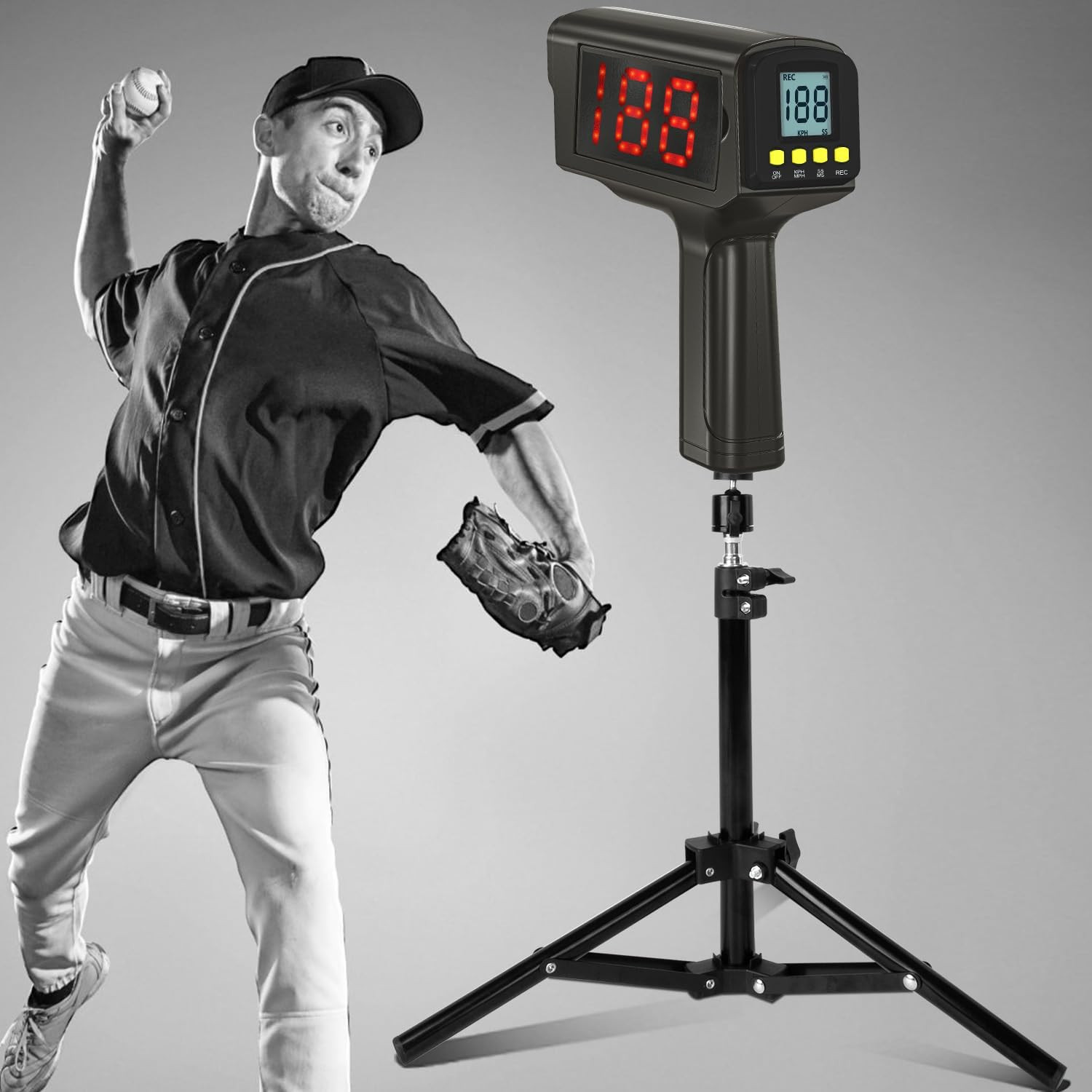 Baseball Radar Gun with Tripod, Speed Radar Gun for Baseballs Softball, LED+LCD 