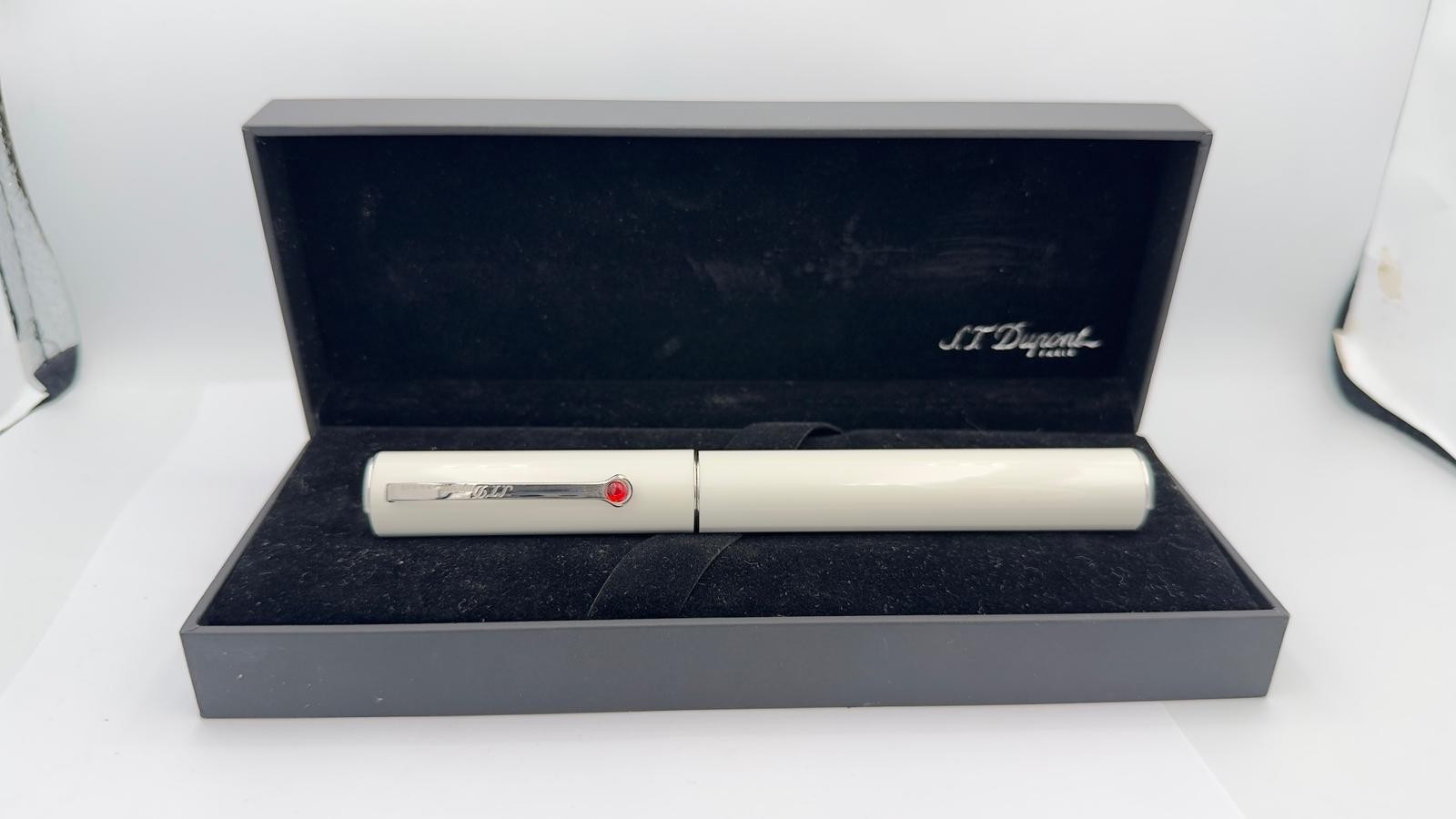 S.T. Dupont Luxury White Lacquer Ballpoint Pen with Red Stone – Brand New