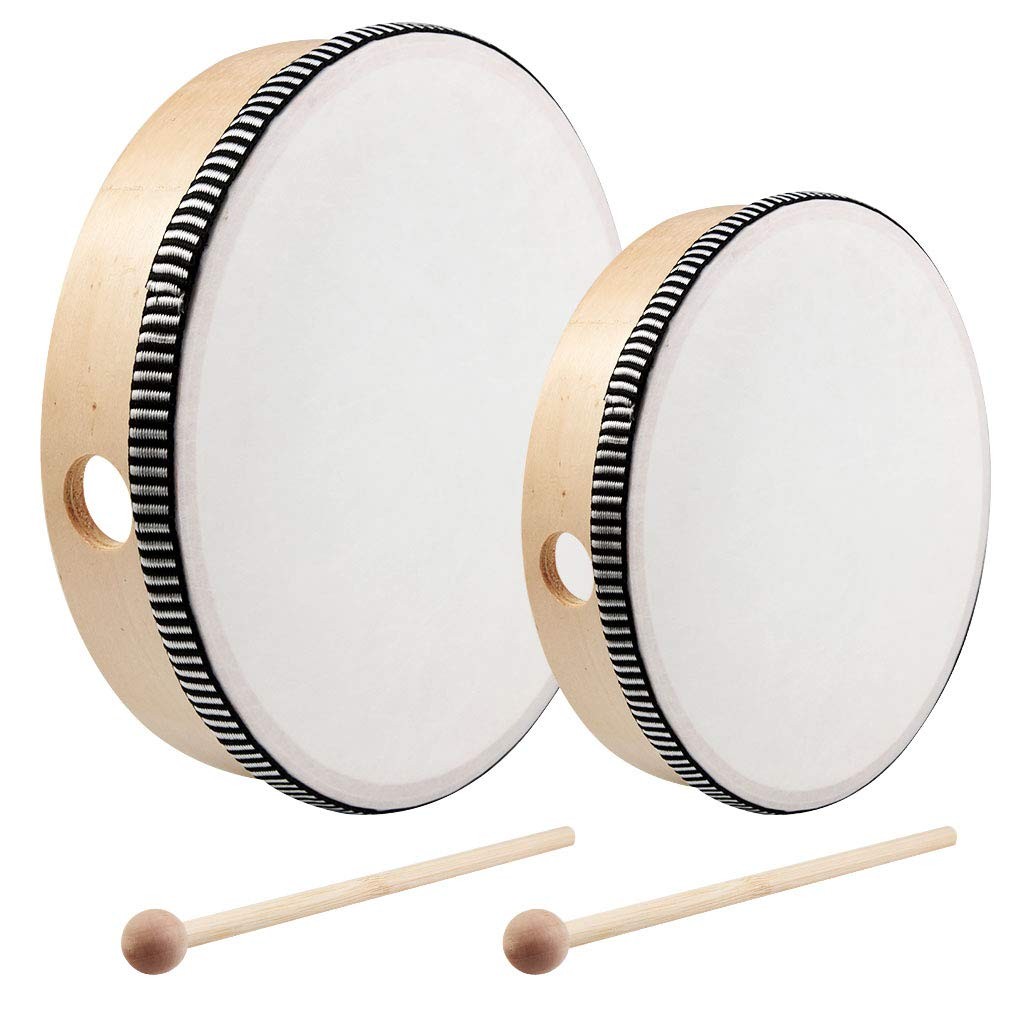 2-Piece Hand Drum Set - 10 Inch & 8 Inch Wooden Frame Drum Percussion Instrum...