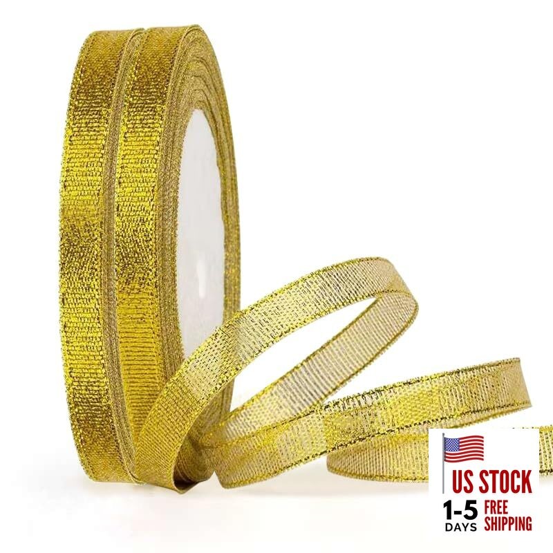 Gold Glitter Ribbon 1/4 Inch, 25 Yards/Roll x 2 Rolls Sparkly Metallic Fabric 