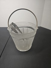 Vintage Depression Textured Clear Glass Keg Barware Ice Bucket w/ Handle & Tongs