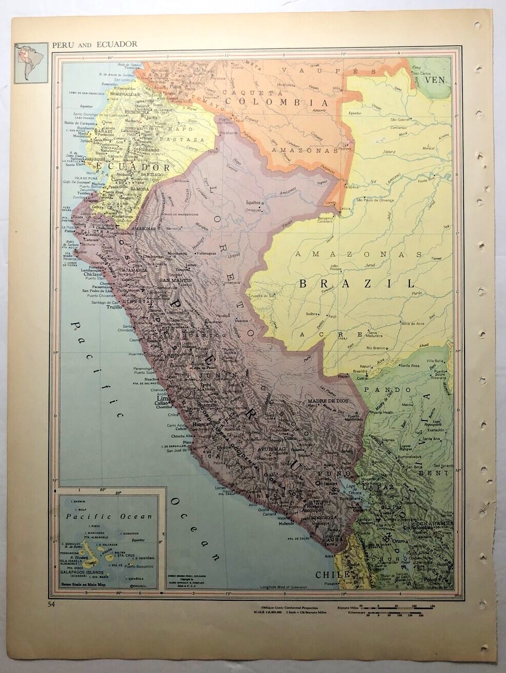 1954 Vintage PERU ECUADOR Antique Atlas Map Mid Century Modern Britannica Atlas