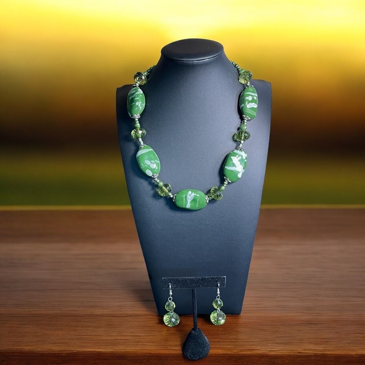 Green Glass Bead Necklace and Earring Set Artisan Boho Chic Unique Handcrafted
