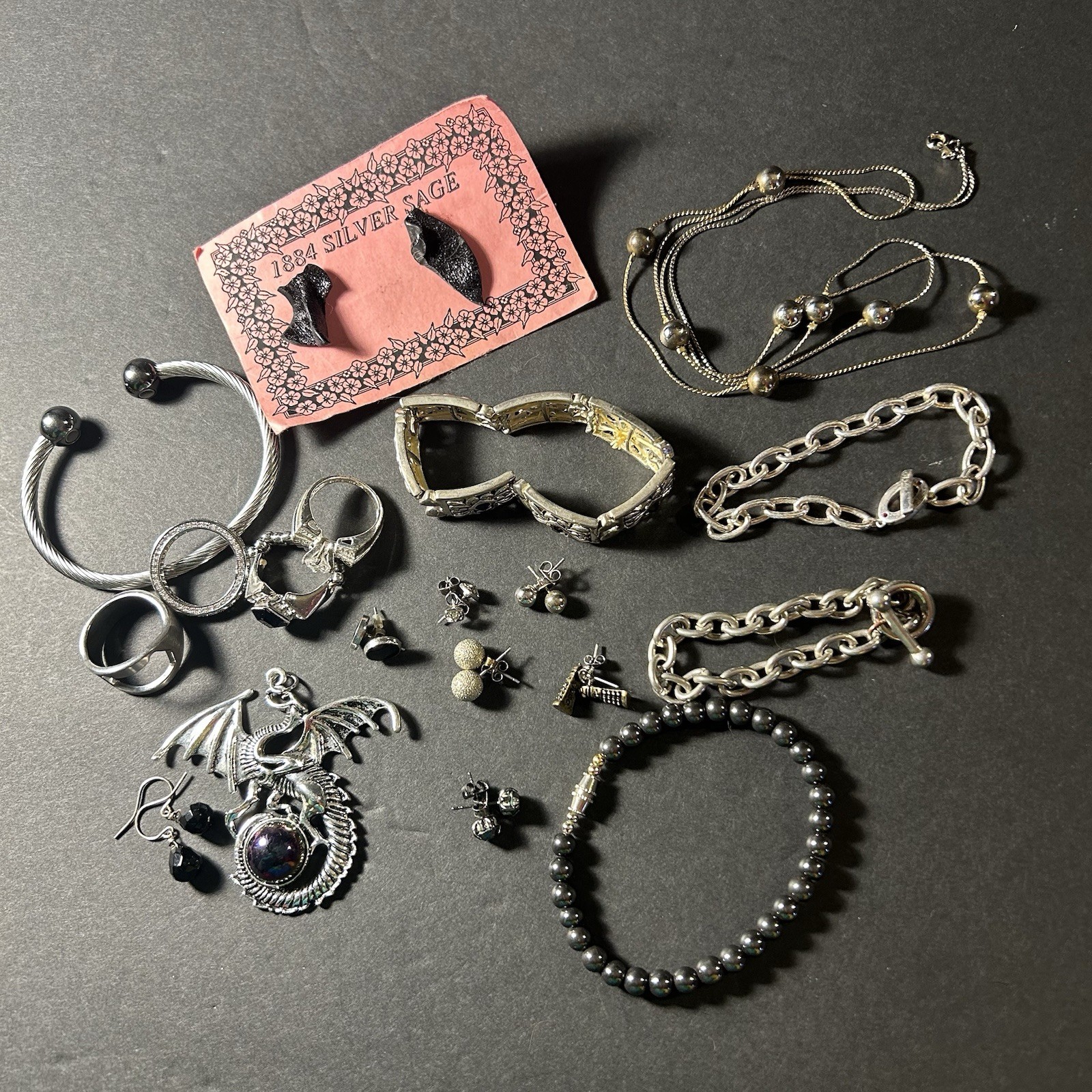 Mix Lot 19 Vintage & New Costume Jewelry Necklace Bracelet Ring Goth Emo Alt