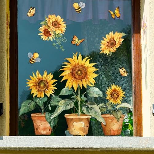 Floral Pattern Window Stickers, Flower Floral Butterfly Window Clings Sunflower