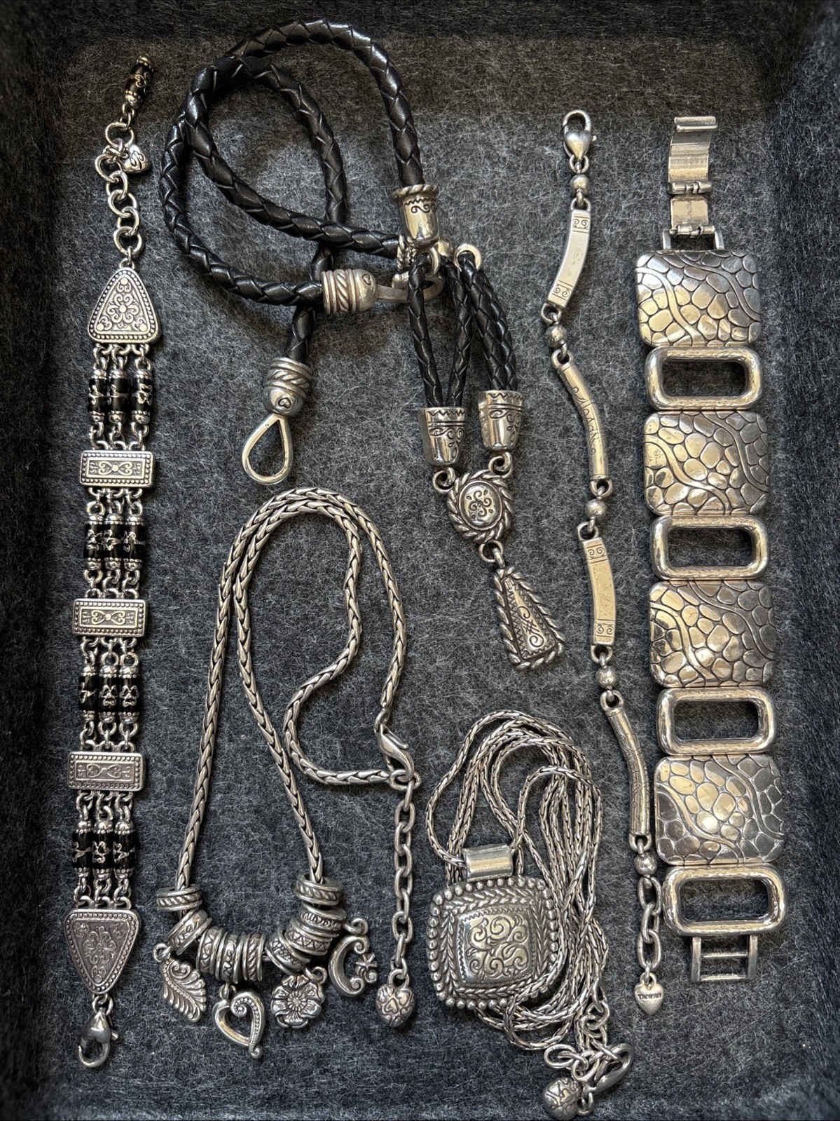 Brighton Jewelry Lot Etched Linked Charms Silver Plate 3 Necklaces 3 Bracelets