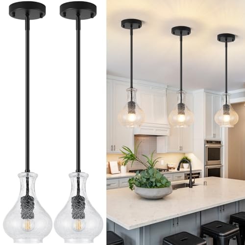 Pendant Lights Kitchen Island 5.9" Unique Crackle Glass Pendant 2 Pack Black