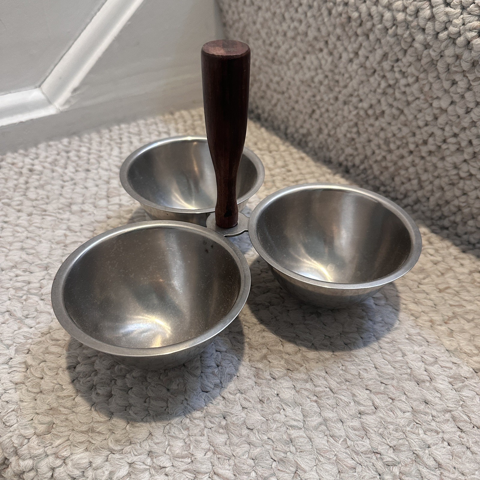 Vintage Mid Century Modern 3 Dish Condiment Server Nut Dish Stainless & Wood