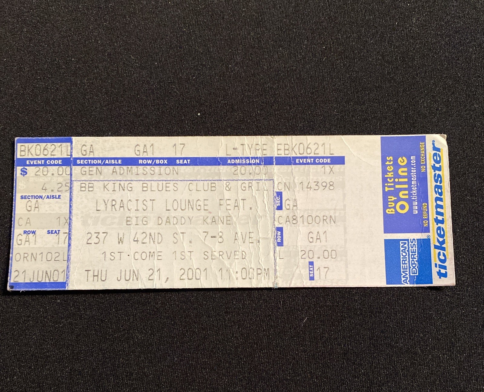 Lyracist Lounge Big Daddy Kane Ticket 06/21/01 Rare 2001 Full Ticket