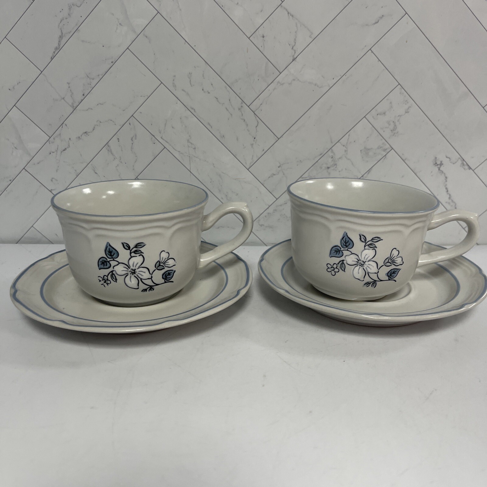 Covington Avondale Cup w/Saucers Blue Floral Stoneware Tea Coffee Set of 2 VTG