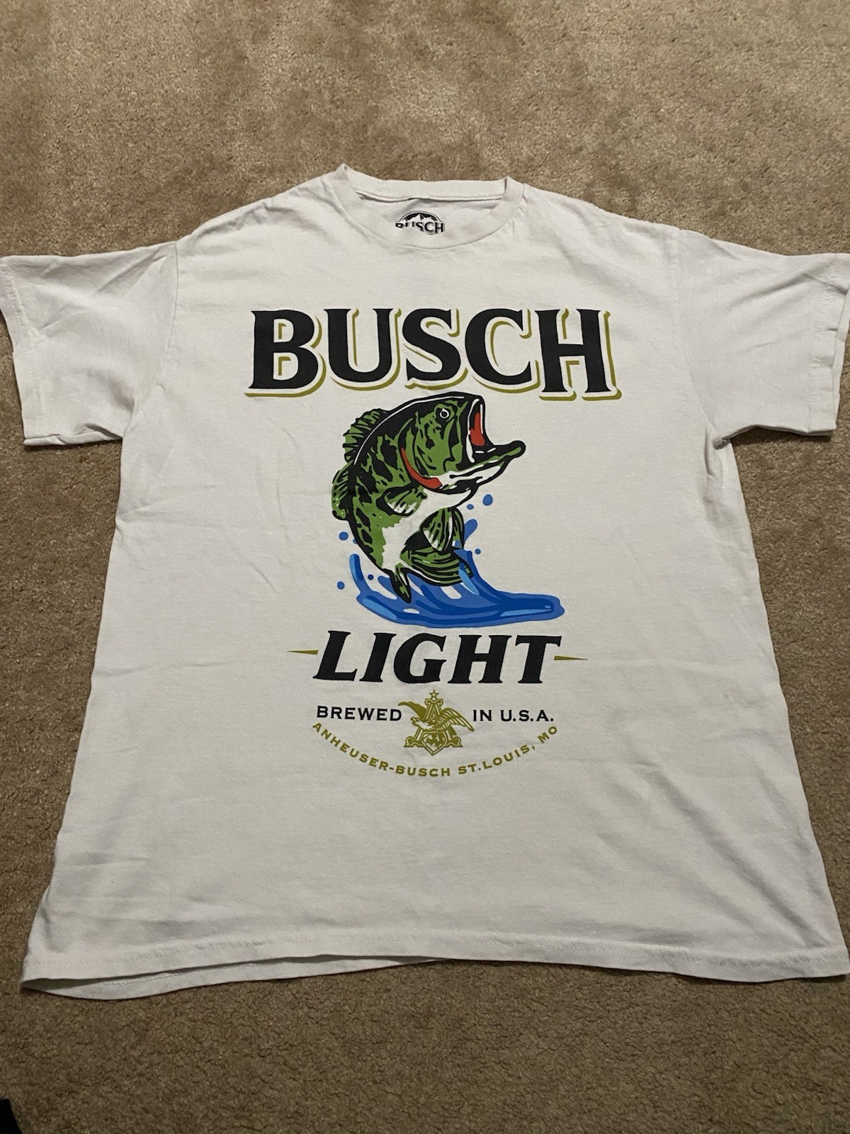 Busch Light White Tee T-Shirt Short Sleeve White with Bass Logo Medium