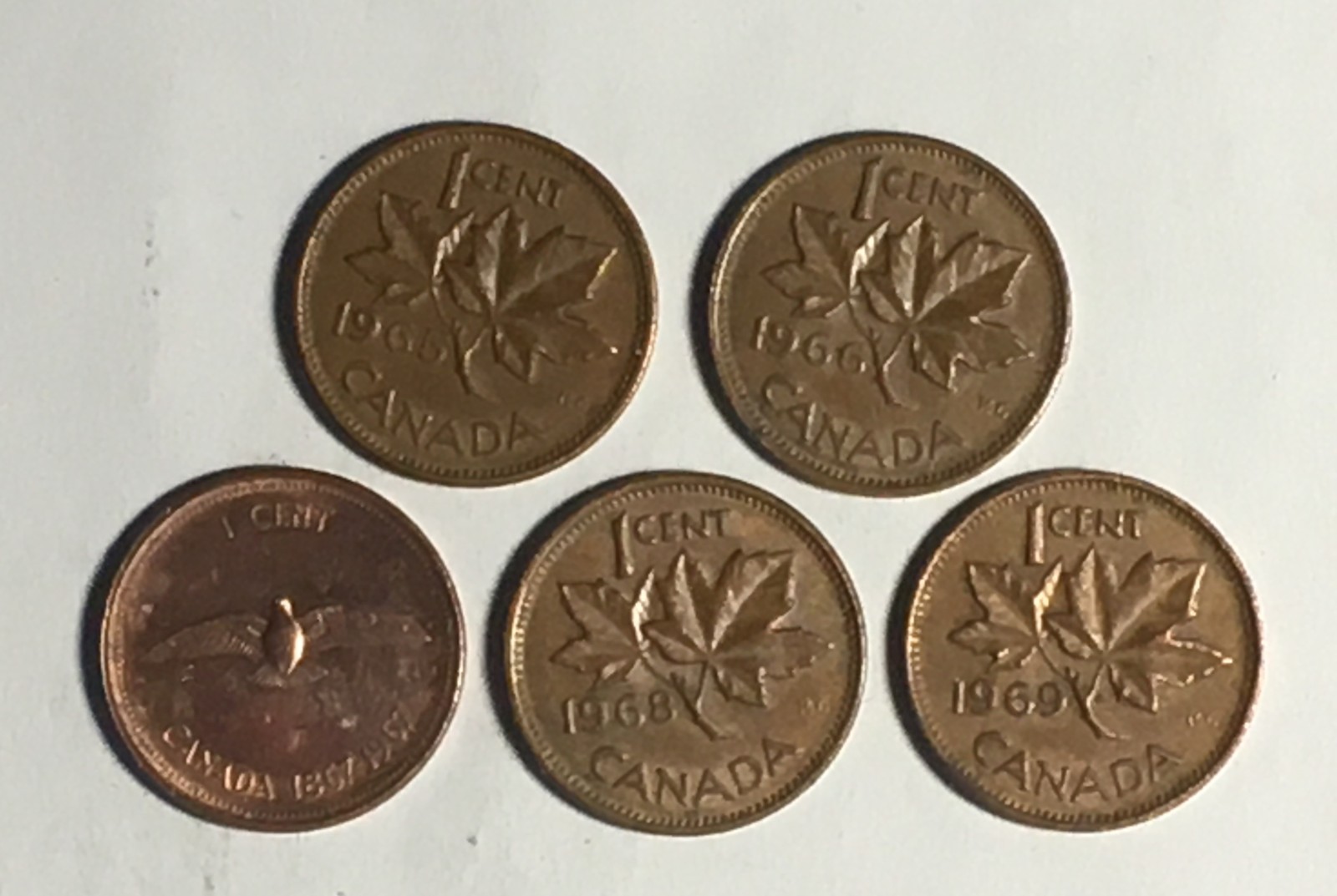 Lot 5 Coin Canada penny 1 Cent 1965 large beads blunt 5 1966 1967 1968 1969