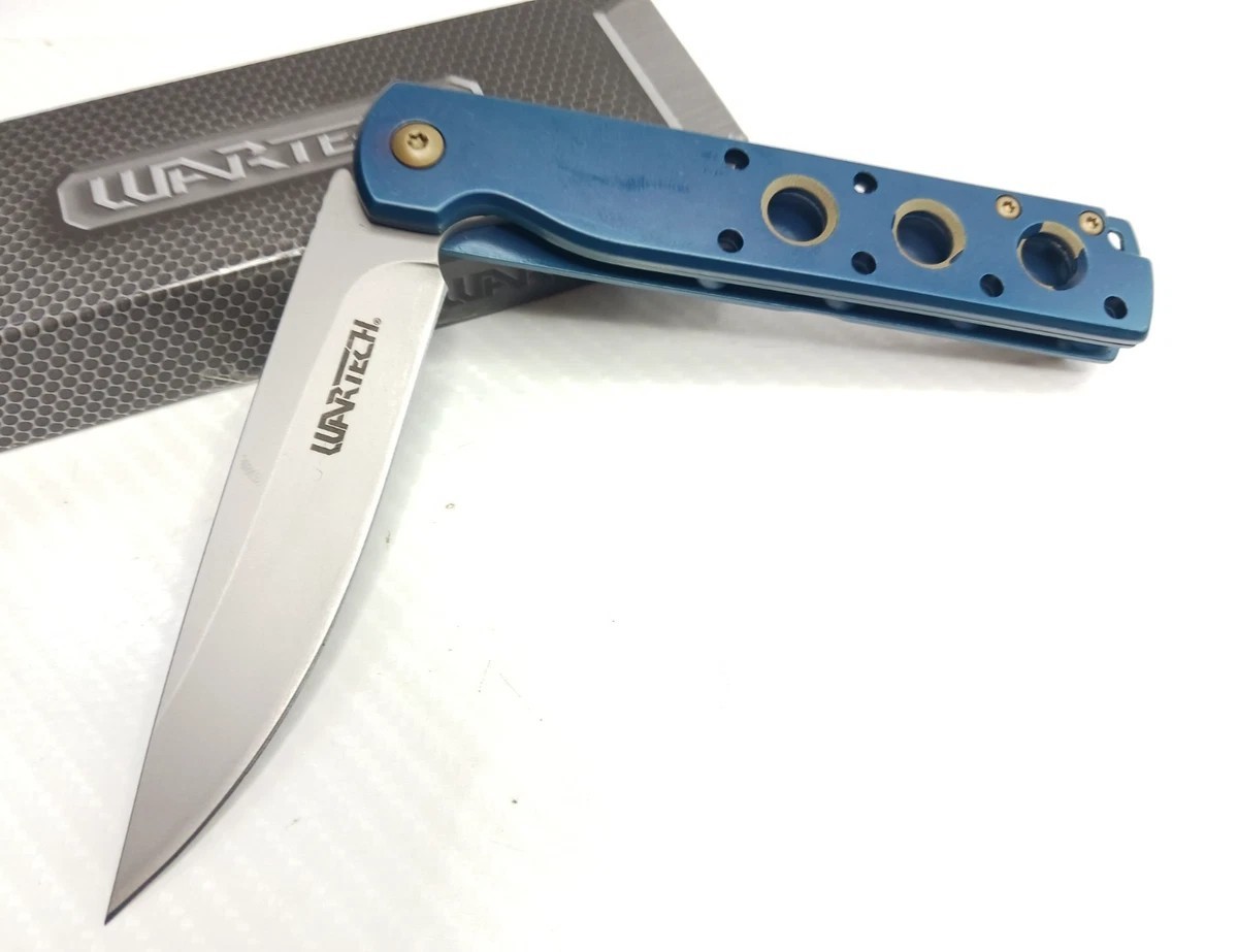 WarTech Pocketknife Aluminum Handle Stainless Drop Point Plain Manual Blue