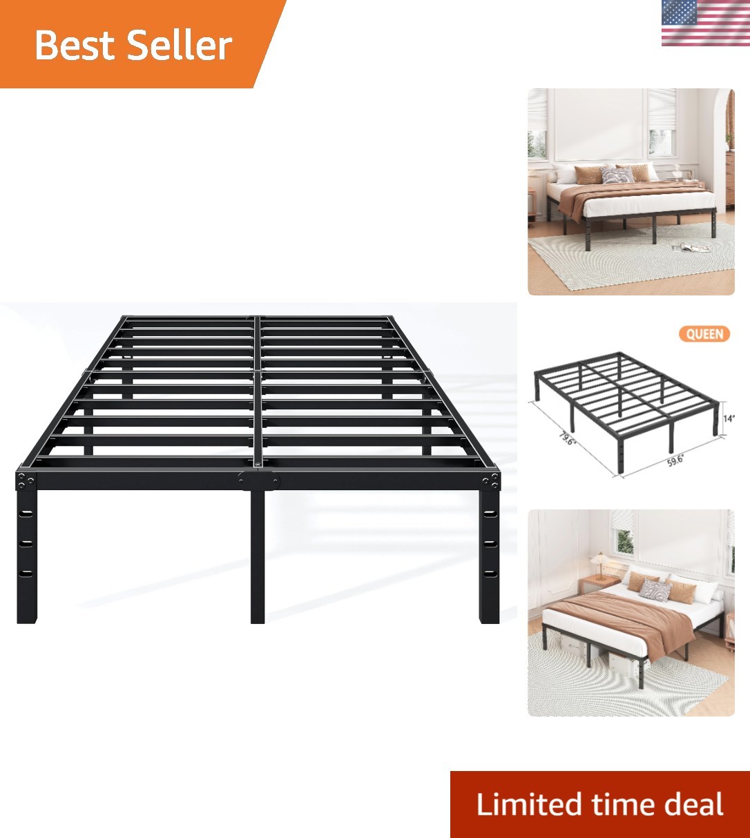 14 Inch Queen Bed Frame - Sturdy Metal Platform Queen Size, No Box Spring Nee...