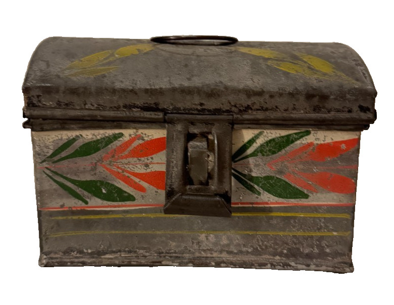 Antique Hand Painted Tin Toleware Box w/ Original Handwritten Note Folk Art