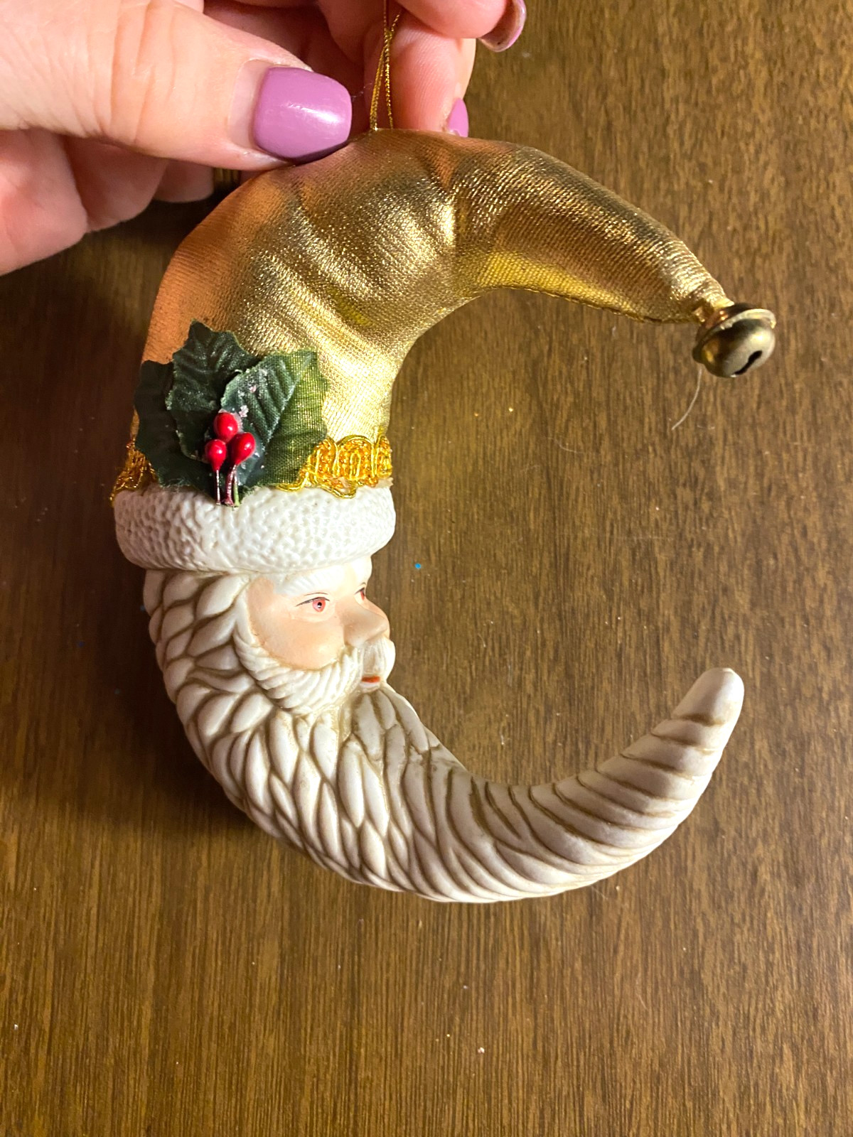 Vintage Man in the Moon Crescent Moon Porcelain & Fabric Christmas Ornament 5"