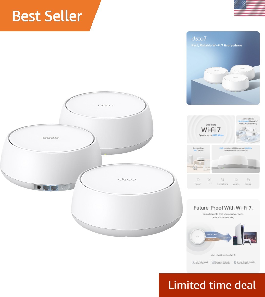 Fast 5Gbps Deco 7 Wi-Fi 7 Mesh System - 6,600 sq.ft Coverage, Smart Features