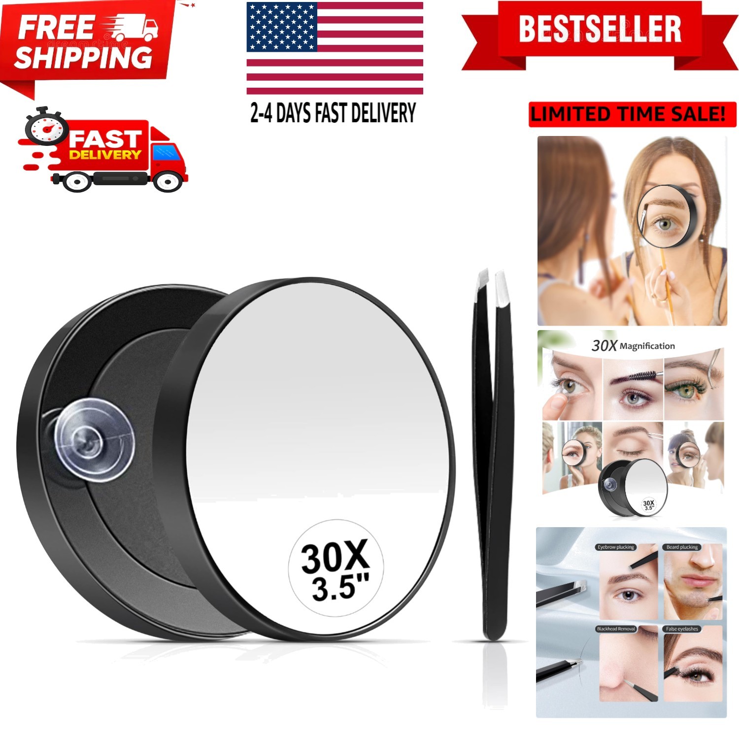 30X Magnifying Mirror, Small Travel Mirror with Cup and Tweezers, 3.5 Inches
