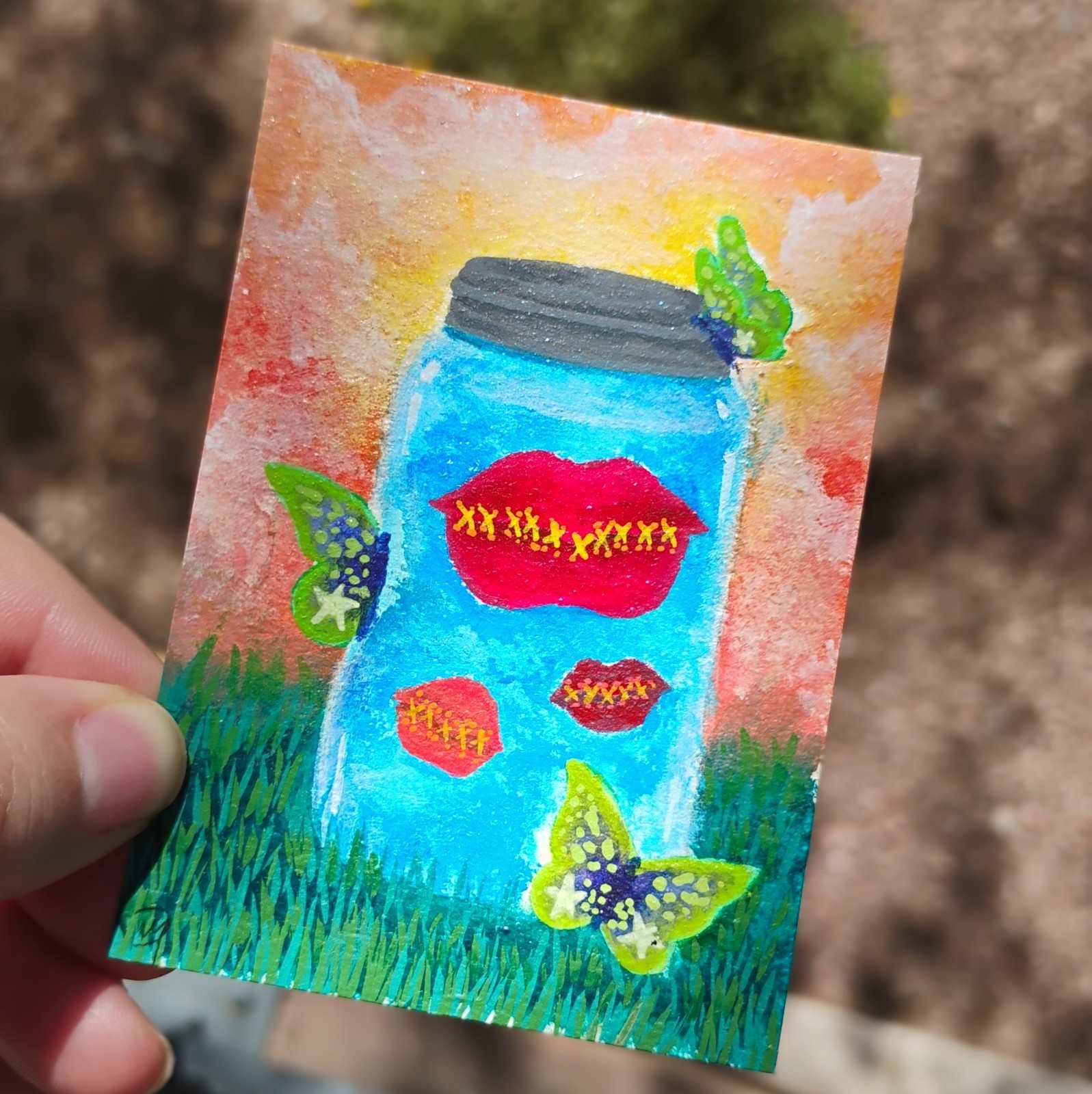 ACEO Original Lips Jar Stitches Acrylic Pop Surrealism  By BeDiscreetArt 2.5x3.5