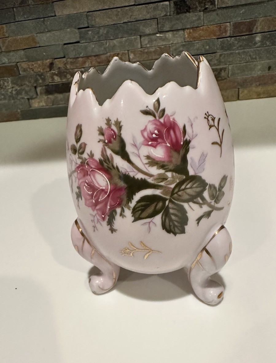 Vintage 1950s Porcelain Egg Shaped Footed Vase planter Napco Hand painted